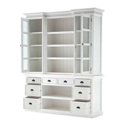 87" White Wood Bookcase with Glass Doors Drawers and Baskets HomeRoots