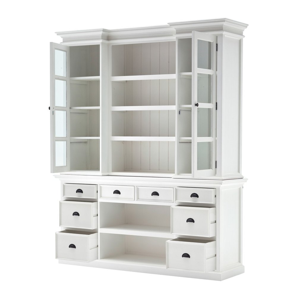 87" White Wood Bookcase with Glass Doors Drawers and Baskets HomeRoots