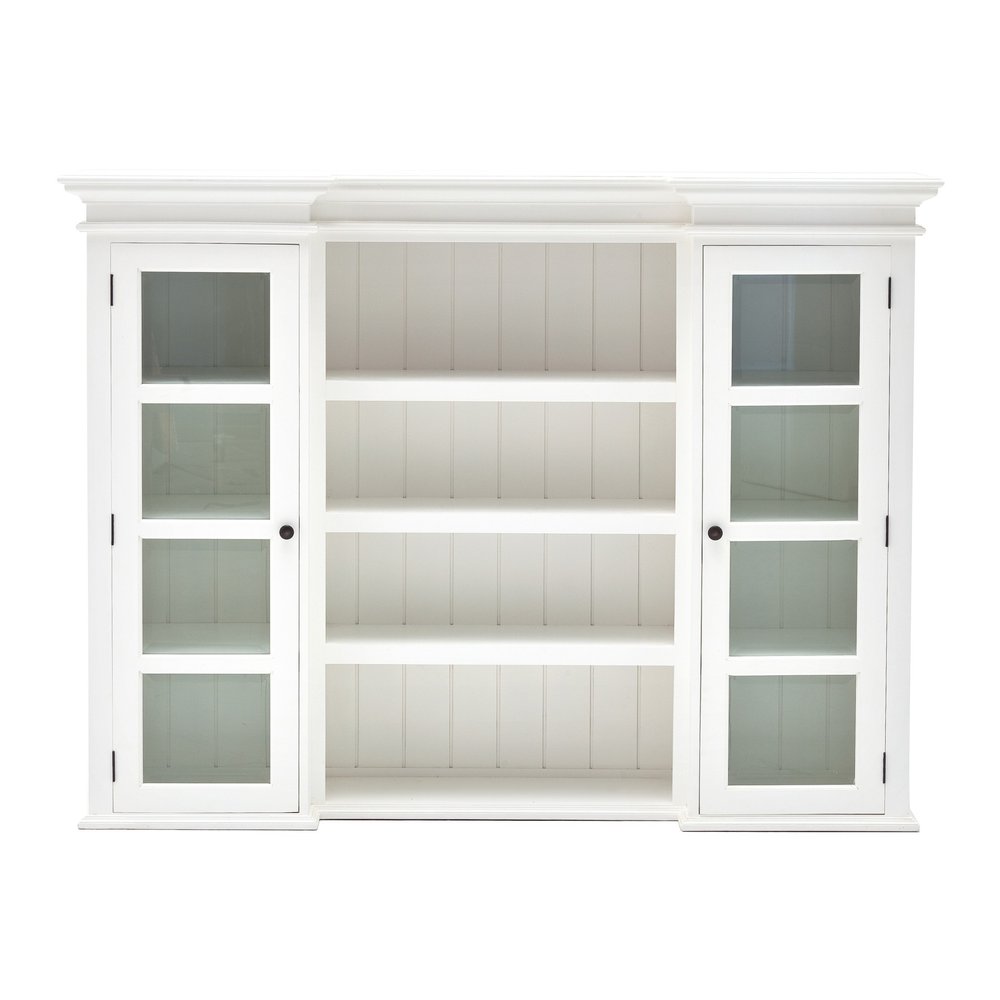 87" White Wood Bookcase with Glass Doors Drawers and Baskets HomeRoots