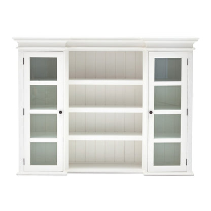 87" White Wood Bookcase with Glass Doors Drawers and Baskets HomeRoots