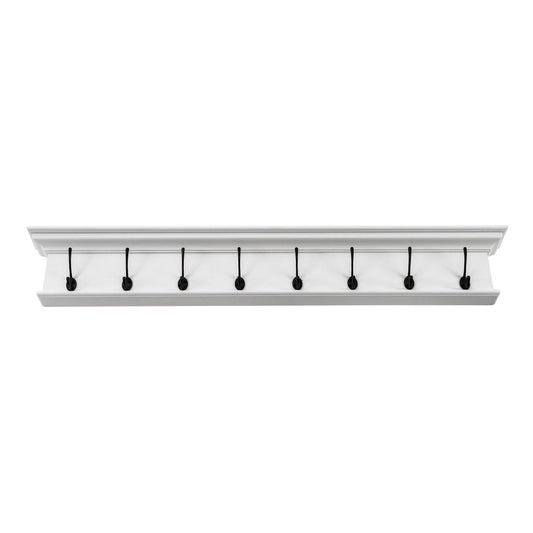 51" White Solid Wood Eight Hook Wall Mount Coat Rack