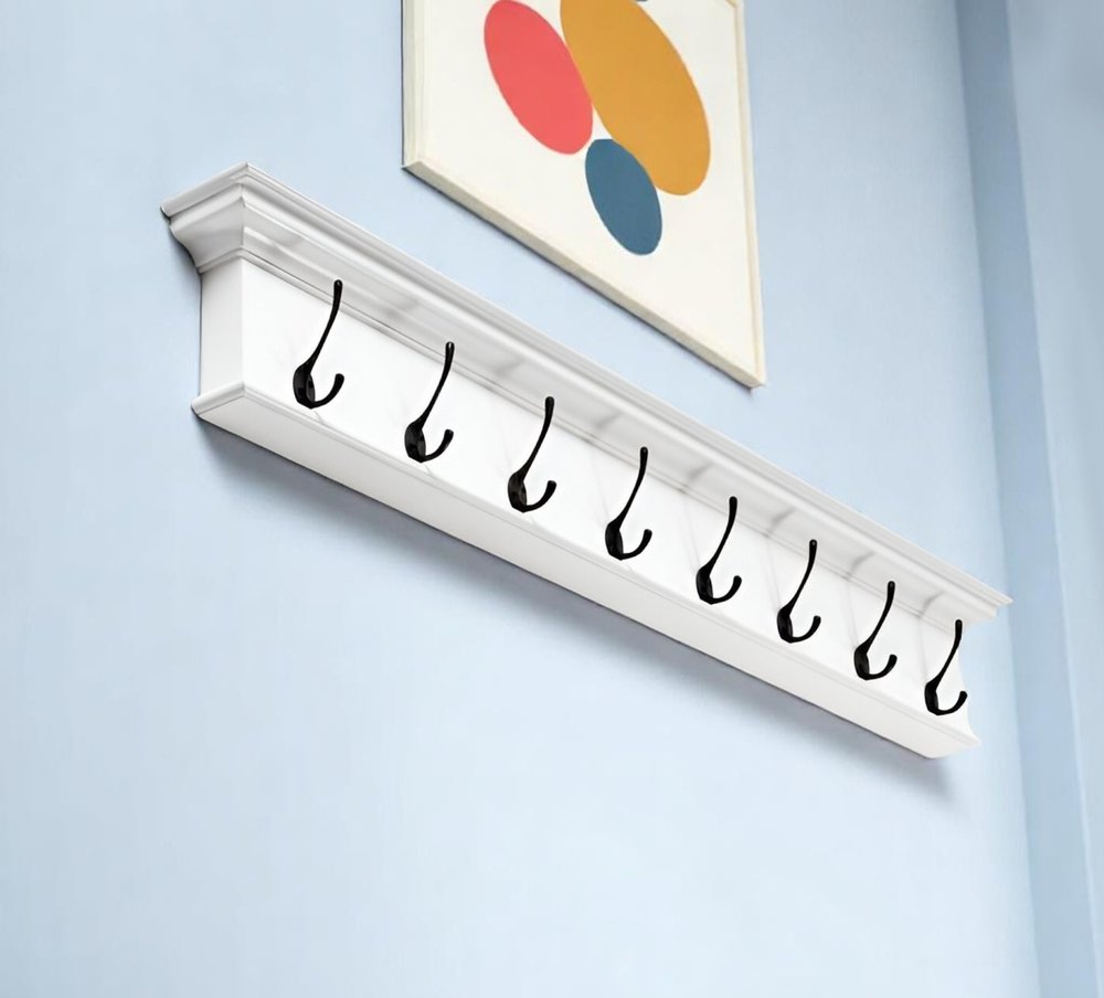 51" White Solid Wood Eight Hook Wall Mount Coat Rack HomeRoots
