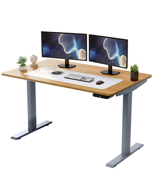 Gray and Natural Bamboo Dual Motor Electric Office Adjustable Computer Desk - FurniFindUSA