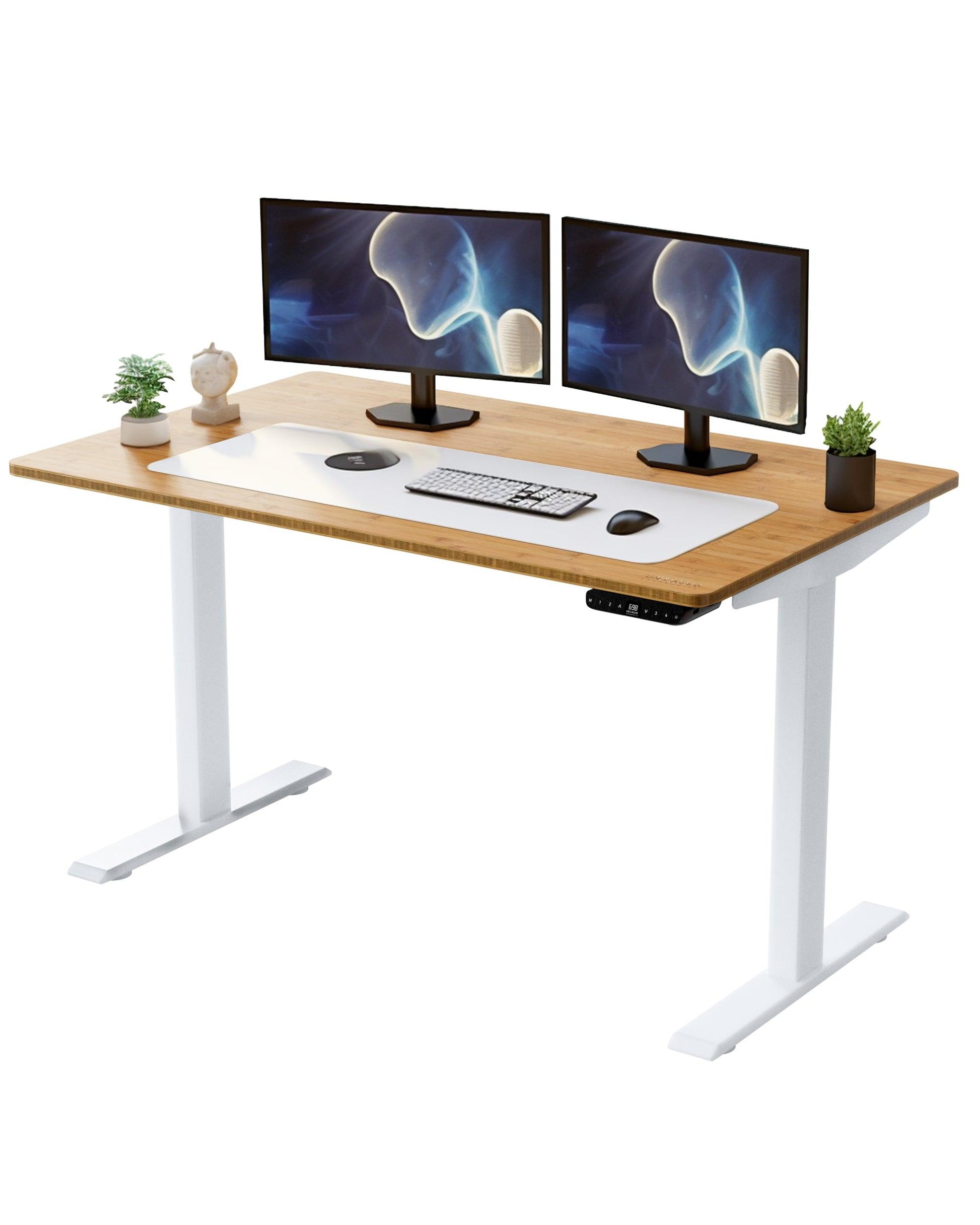 White and Natural Bamboo 52" Dual Motor Electric Office Adjustable Computer Desk - FurniFindUSA