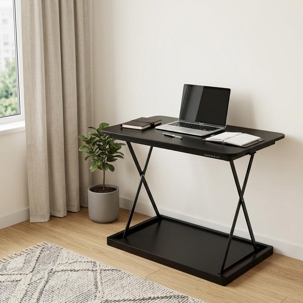 28" Adjustable Black Stainless Steel Standing Desk Converter HomeRoots