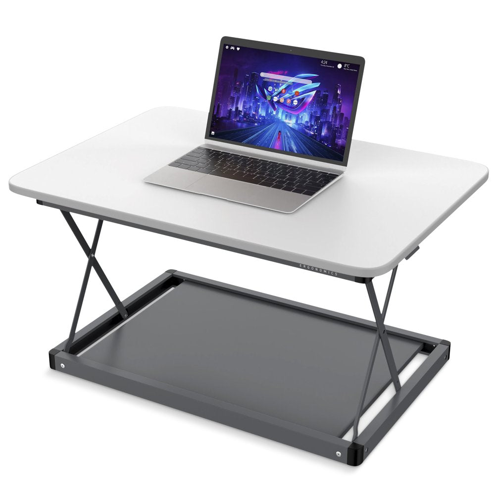 28" Adjustable White and Silver Stainless Steel Standing Desk Converter HomeRoots