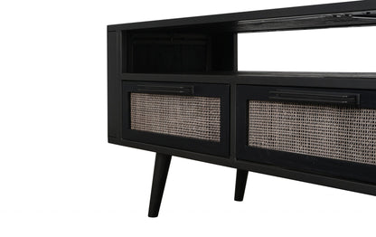 63" Black Mindi Boat Wood Split Rattan And Iron Cabinet Enclosed Storage TV Stand