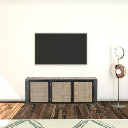 Rustic Black Natural and Rattan Media Cabinet with Three Doors