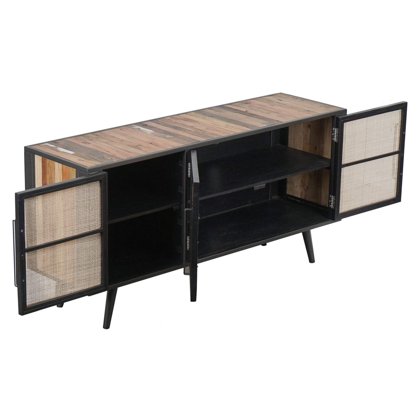 Rustic Black Natural and Rattan Media Cabinet with Three Doors