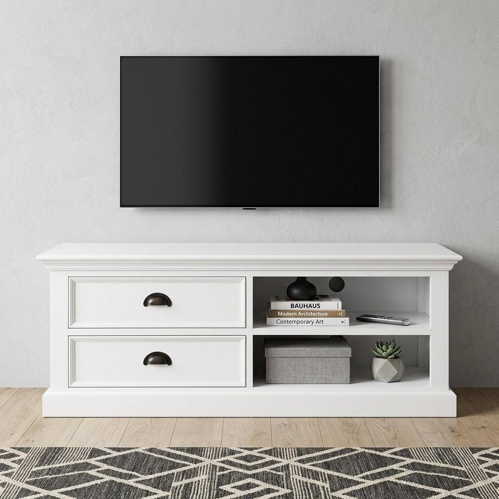 47" White Solid Wood Drawers and Open Shelving Entertainment Center HomeRoots