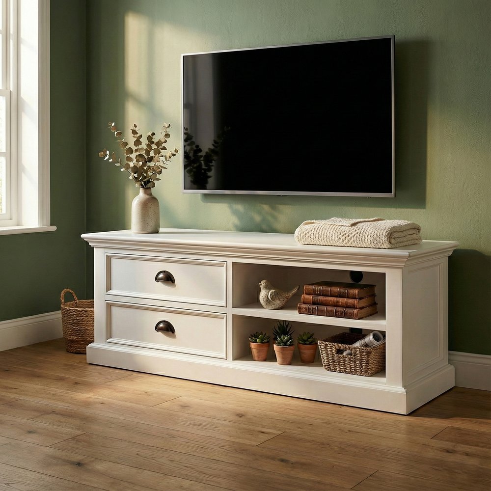 47" White Solid Wood Drawers and Open Shelving Entertainment Center HomeRoots