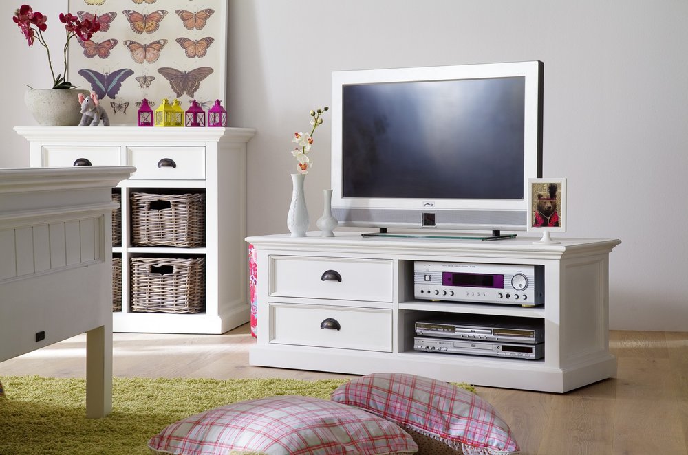 47" White Solid Wood Drawers and Open Shelving Entertainment Center HomeRoots