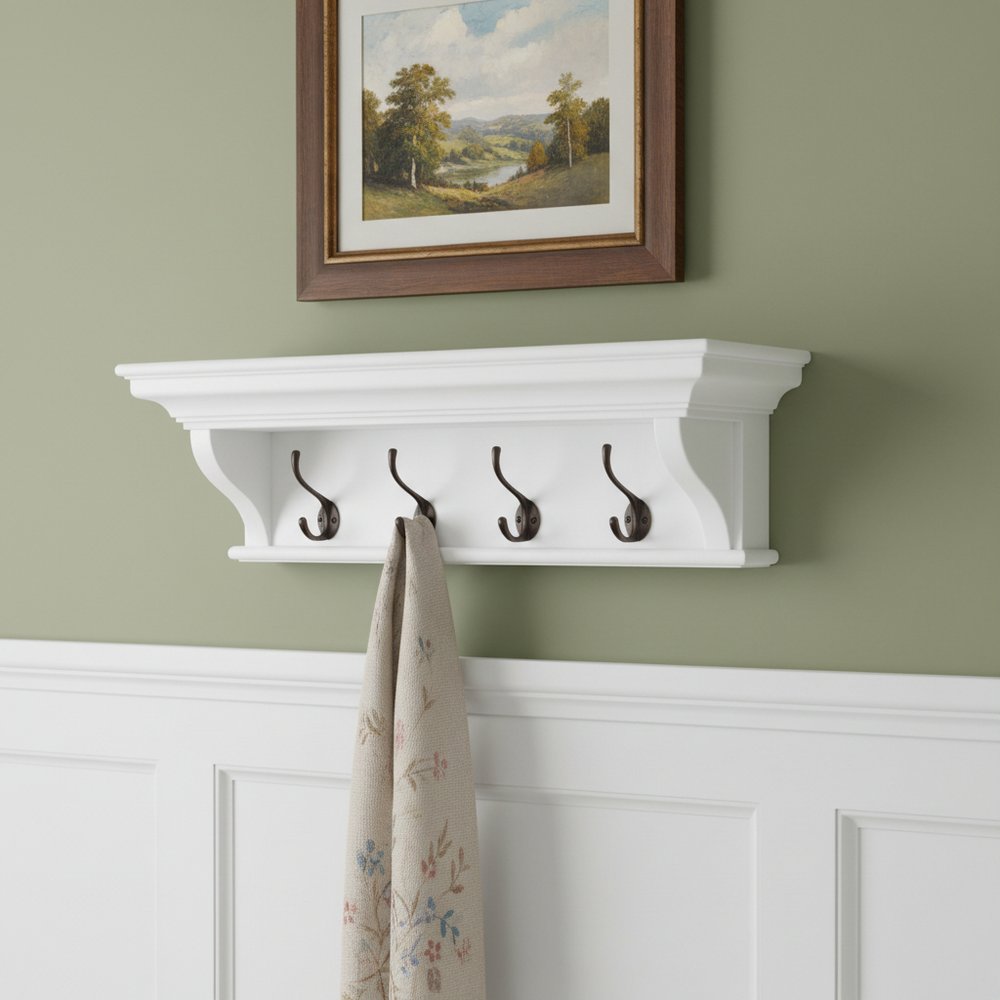 Classic White Wood Wide Four Hook Hanging Coat Rack HomeRoots