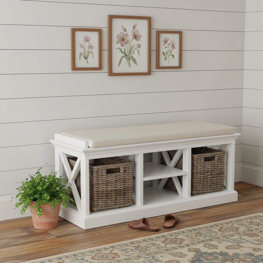 Classic White Bench and Basket Set HomeRoots