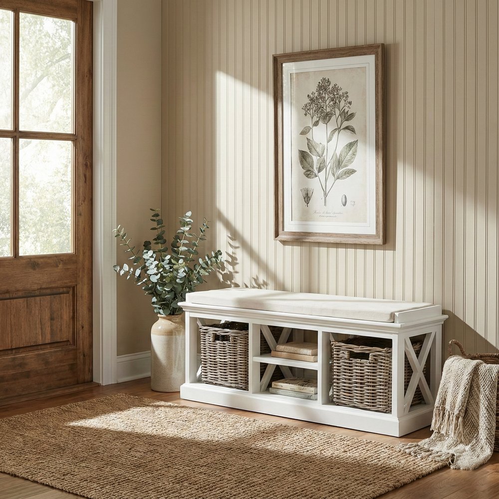 Classic White Bench and Basket Set HomeRoots