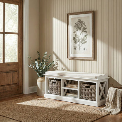 Classic White Bench and Basket Set HomeRoots
