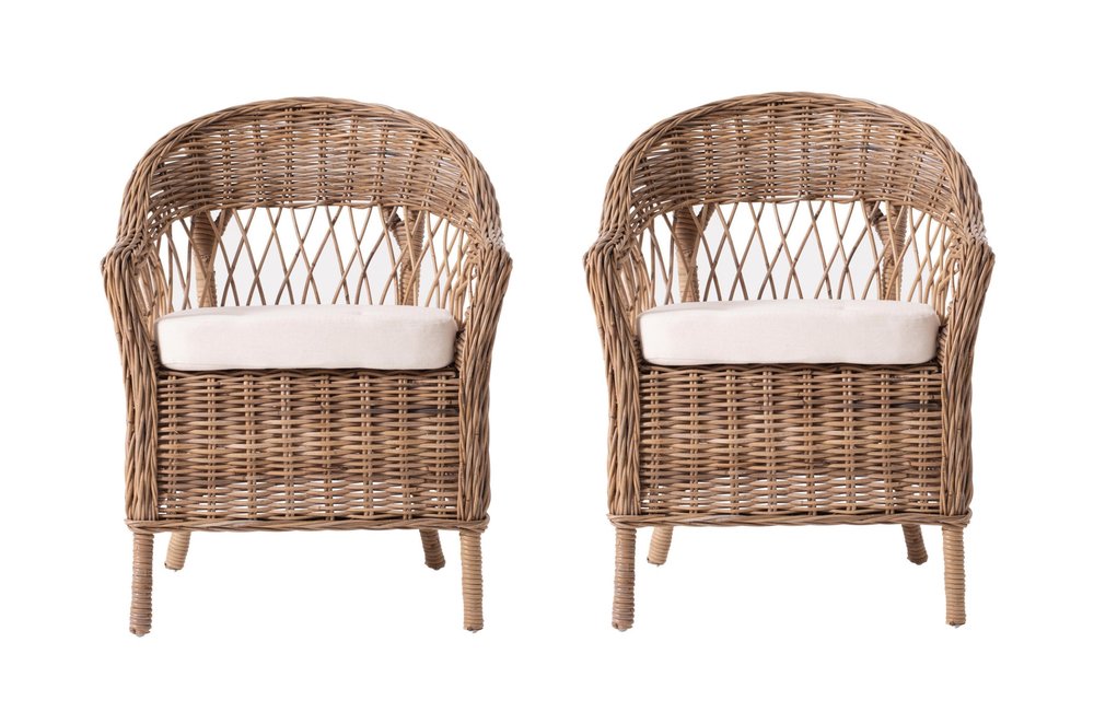 Set of Two Gray Brown Semi Circle Back Wicker Chairs with Seat Cushions HomeRoots