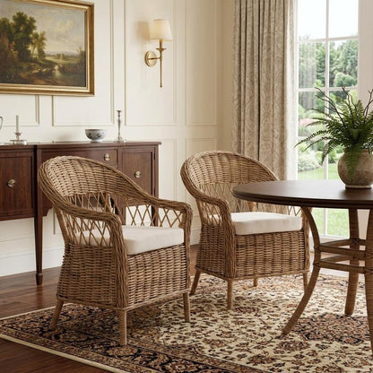 Set of Two Gray Brown Semi Circle Back Wicker Chairs with Seat Cushions HomeRoots