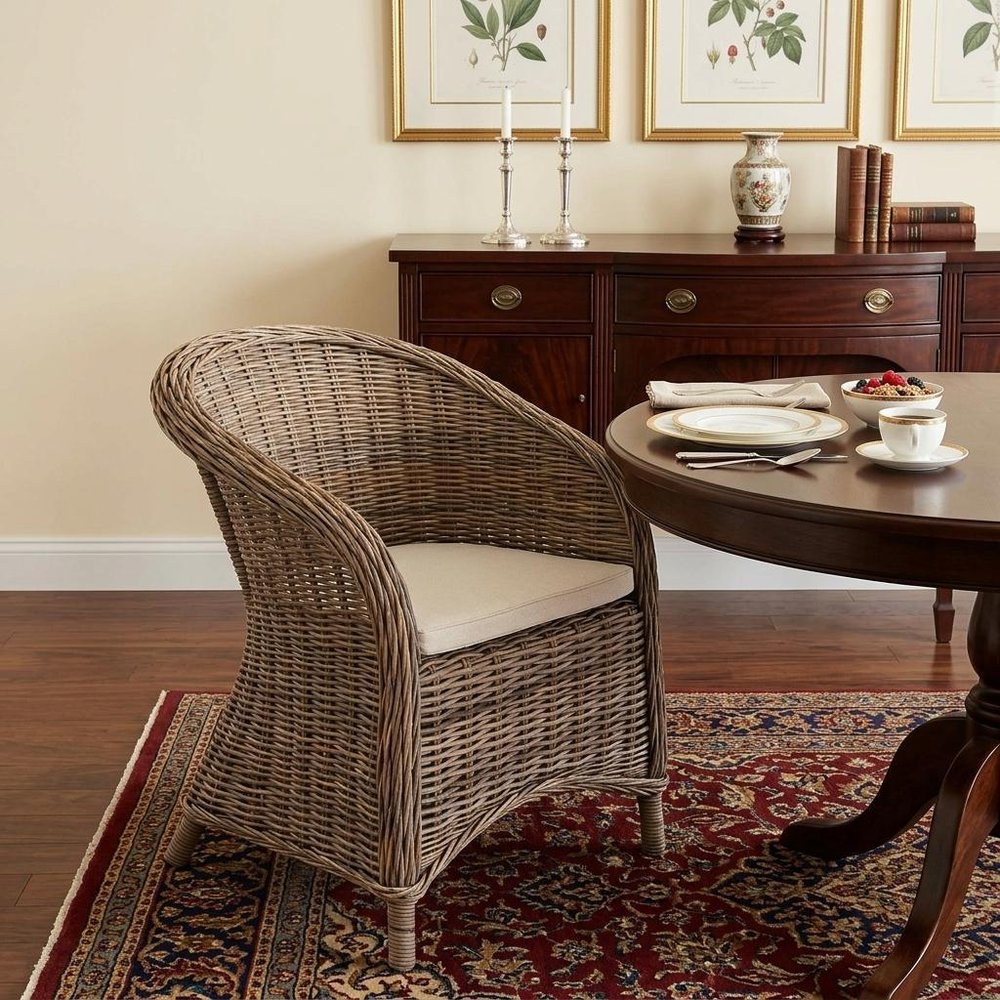 Set of Two Round Wicker Club Armchairs with Seat Cushion HomeRoots