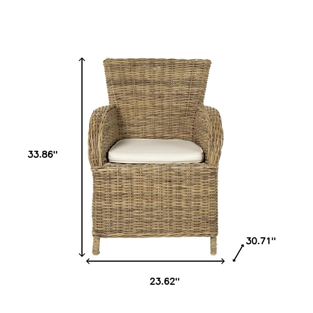 Set of Two Tan Textured Outdoor Dining Chairs with Beige Cushions — view 9