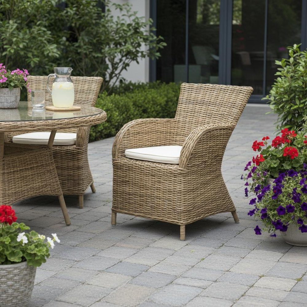 Set of Two Tan Textured Outdoor Dining Chairs with Beige Cushions — view 11