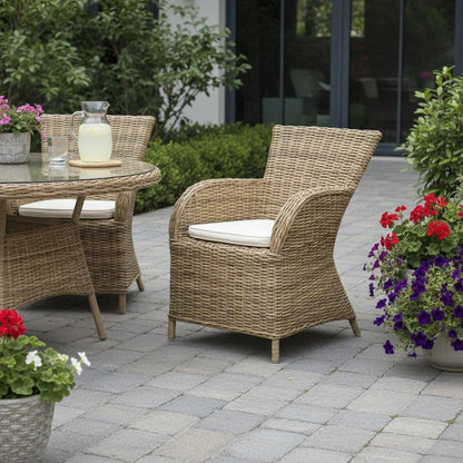 Set of Two Tan Textured Outdoor Dining Chairs with Beige Cushions