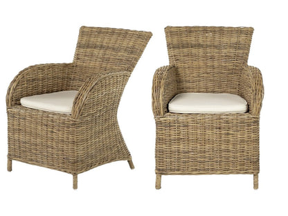 Set of Two Tan Textured Outdoor Dining Chairs with Beige Cushions
