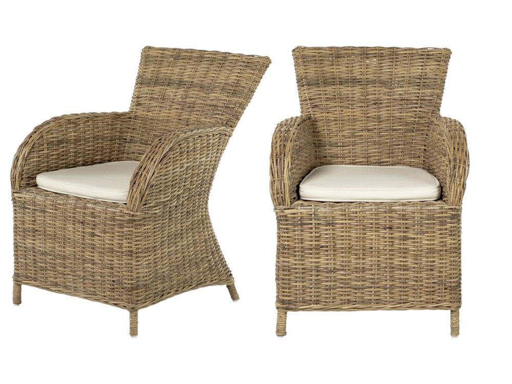 Set of Two Tan Textured Outdoor Dining Chairs with Beige Cushions HomeRoots
