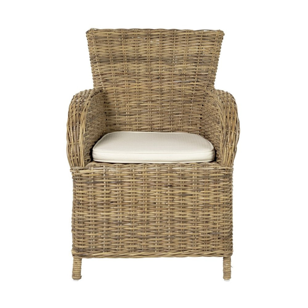 Set of Two Tan Textured Outdoor Dining Chairs with Beige Cushions — view 1