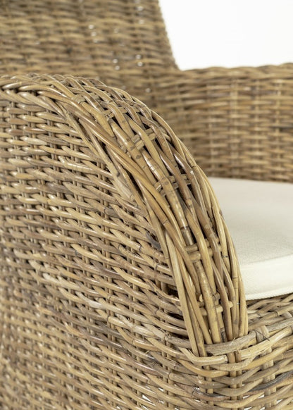 Set of Two Tan Textured Outdoor Dining Chairs with Beige Cushions