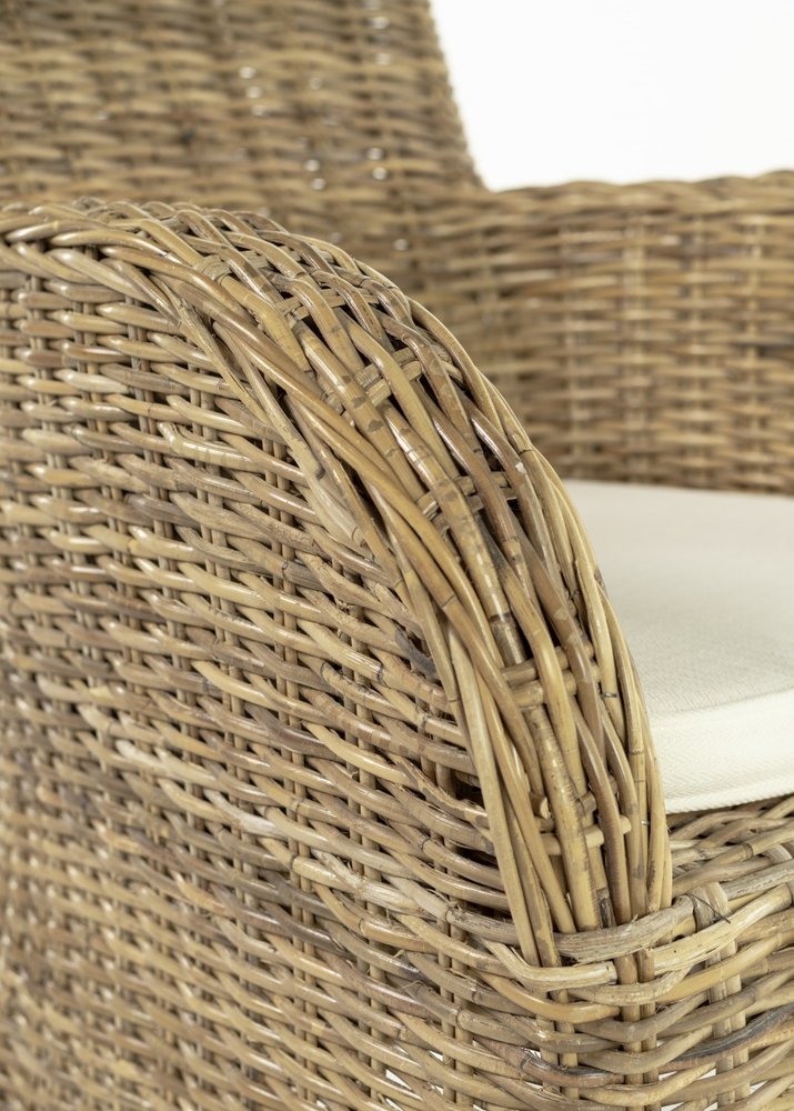 Set of Two Tan Textured Outdoor Dining Chairs with Beige Cushions — view 6