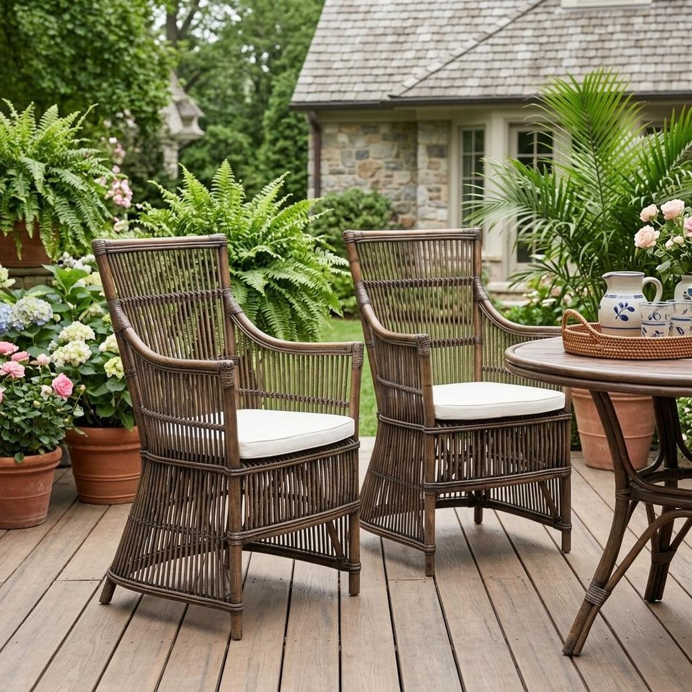 Set of Two Cream Rattan Outdoor Arm Chairs — view 9