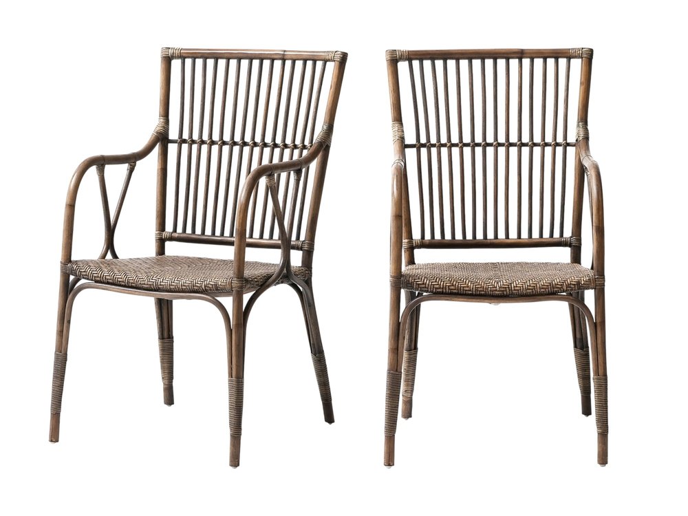 Set of Two Natural Rattan Slat Back Dining Arm Chairs HomeRoots