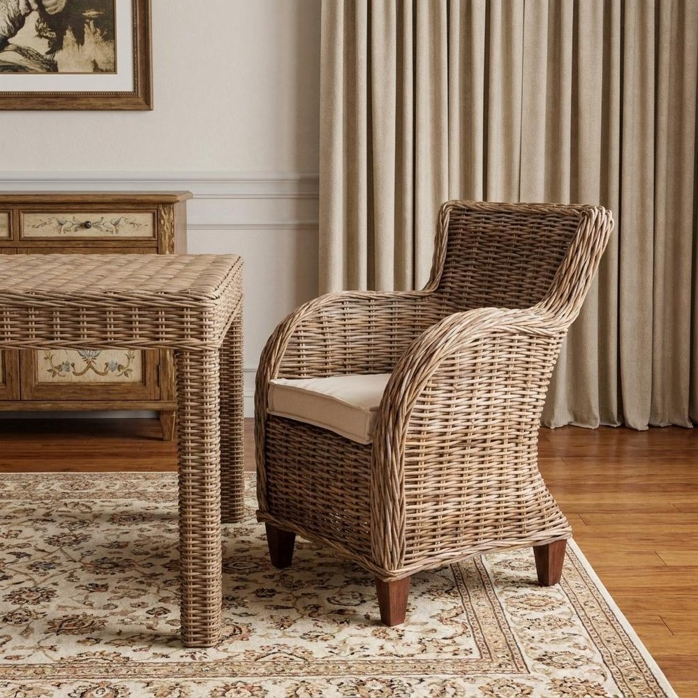 Set of Two Wide Edge Wicker Chairs with Seat Cushion — view 1