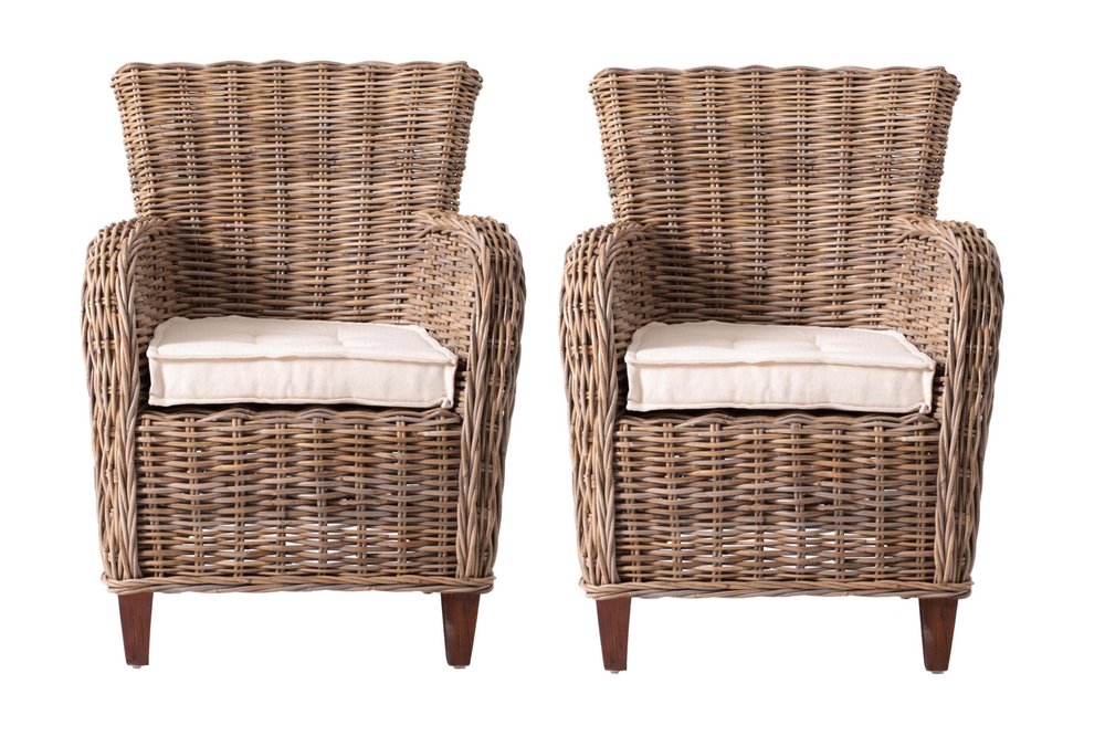 Set of Two Cream And Natural Woven Rattan Outdoor Dining Chairs with Cream Cushion HomeRoots