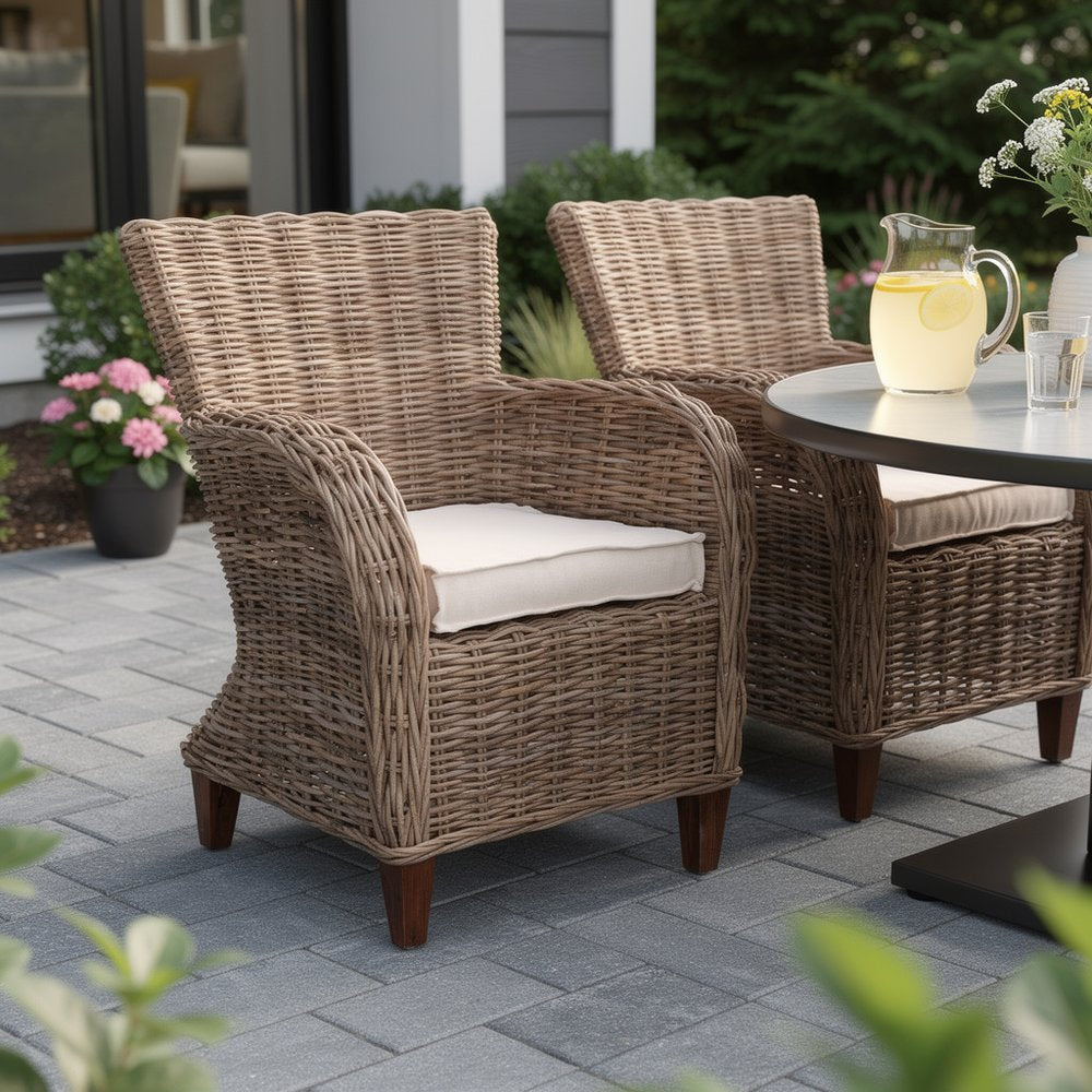 Set of Two Cream And Natural Woven Rattan Outdoor Dining Chairs with Cream Cushion HomeRoots