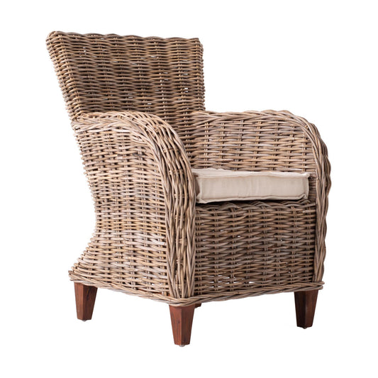 Set of Two Cream And Natural Woven Rattan Outdoor Dining Chairs with Cream Cushion HomeRoots