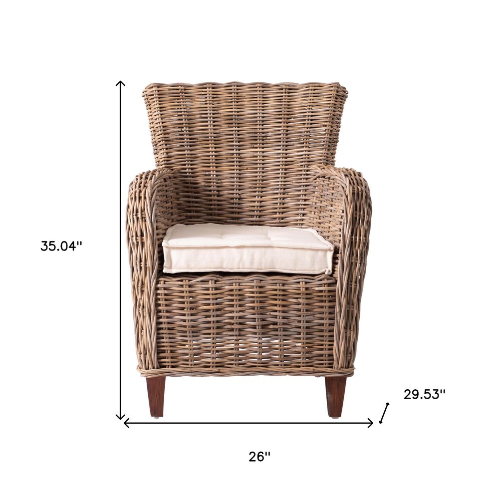 Set of Two Cream And Natural Woven Rattan Outdoor Dining Chairs with Cream Cushion HomeRoots