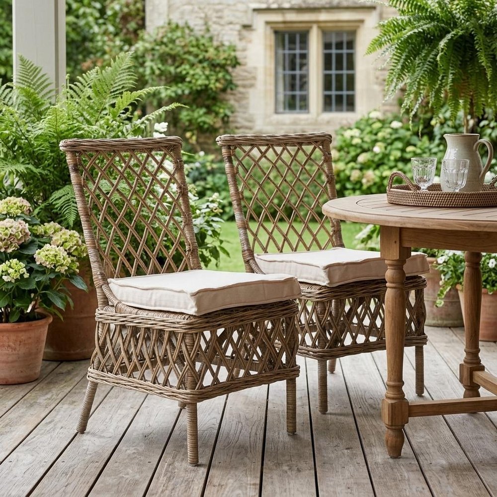 Set of Two Cream Woven Rattan Outdoor Accent Chairs HomeRoots