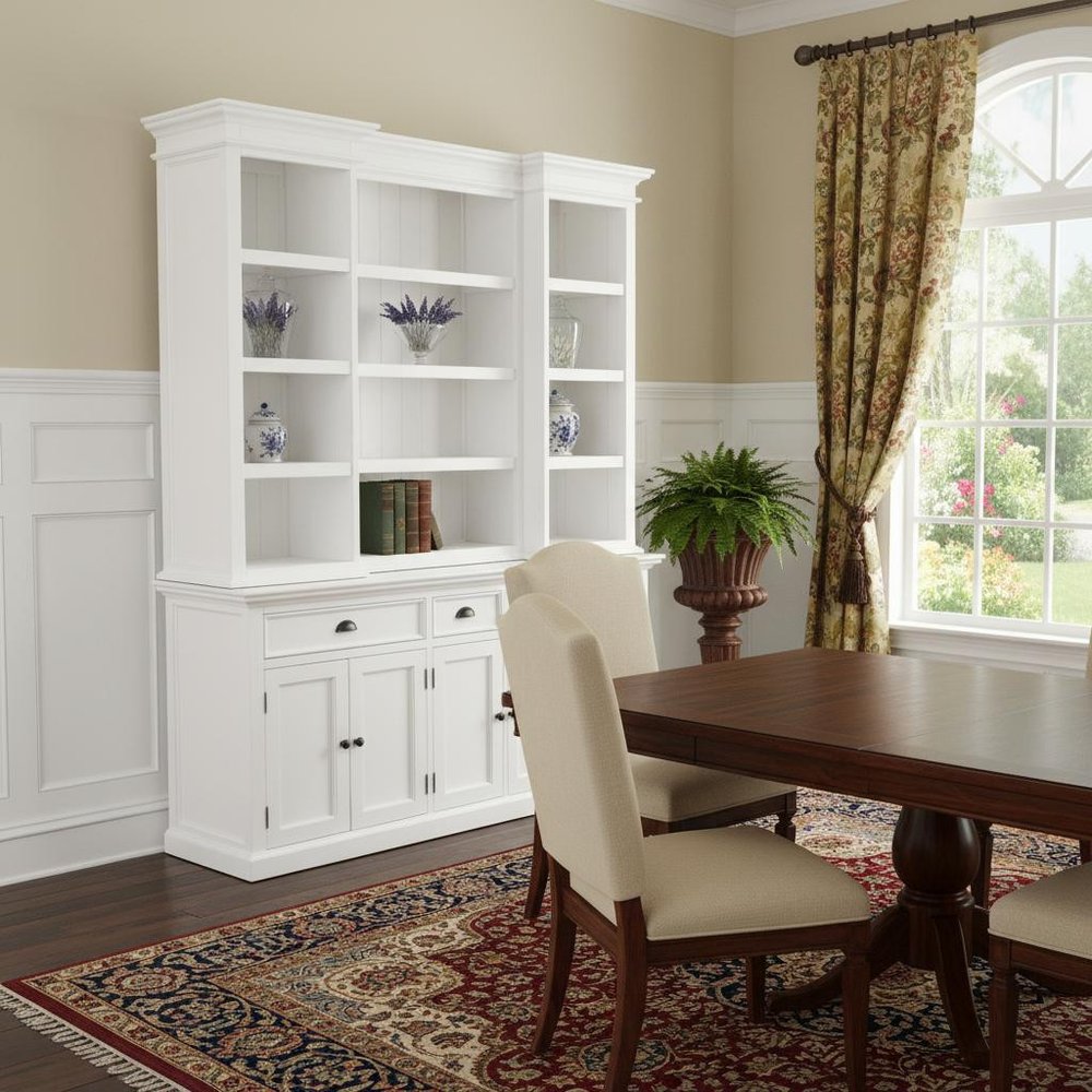 71" White Dining Hutch With Twelve Shelves And Three Drawers — view 11