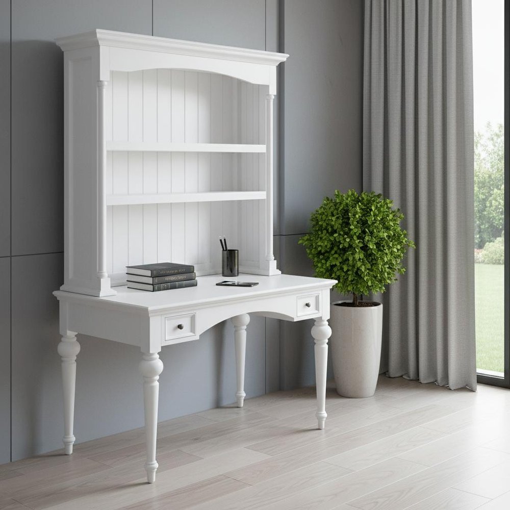 47" White Solid Wood Computer Desk With Hutch With Two Drawers — view 12