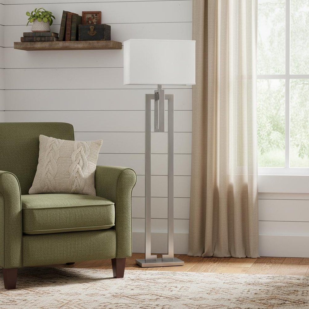 64" Nickel Traditional Shaped Floor Lamp With White Rectangular Shade HomeRoots