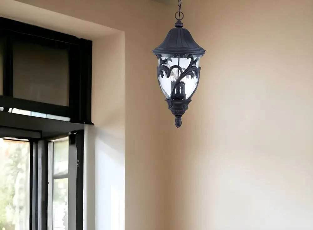 XL Three Light Matte Black Leaf Detail Hanging Light HomeRoots