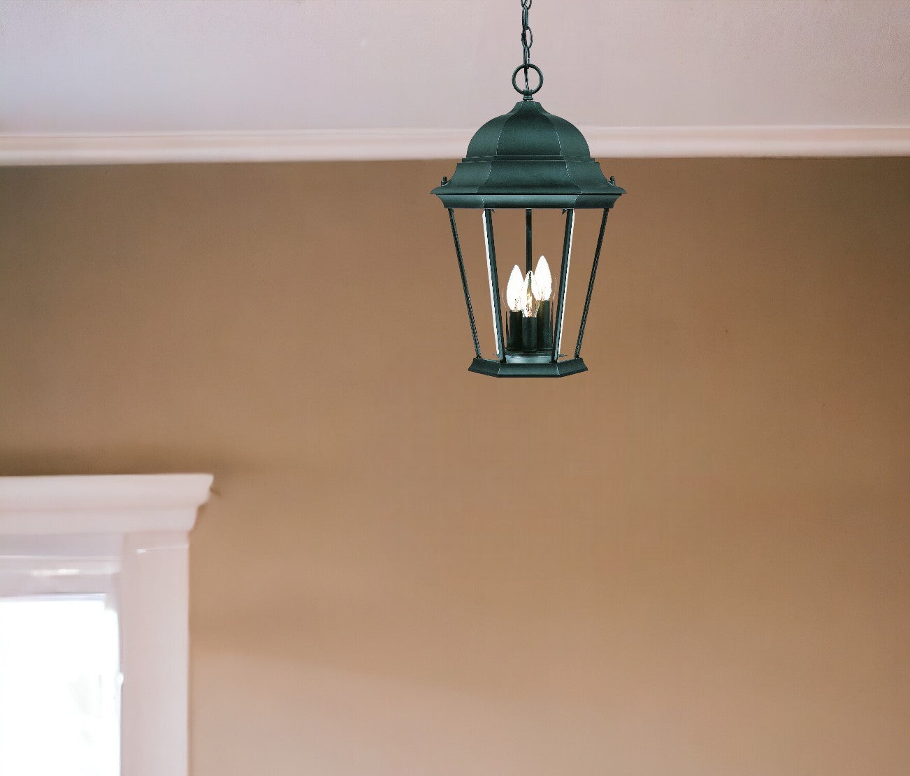 Three Light Matte Black Domed Glass Lantern Hanging Light