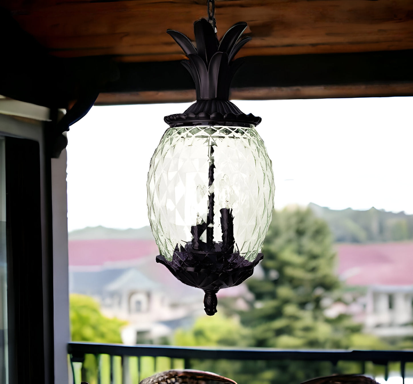 Clear and Black Three Light Pineapple Outdoor Hanging Pendent Light