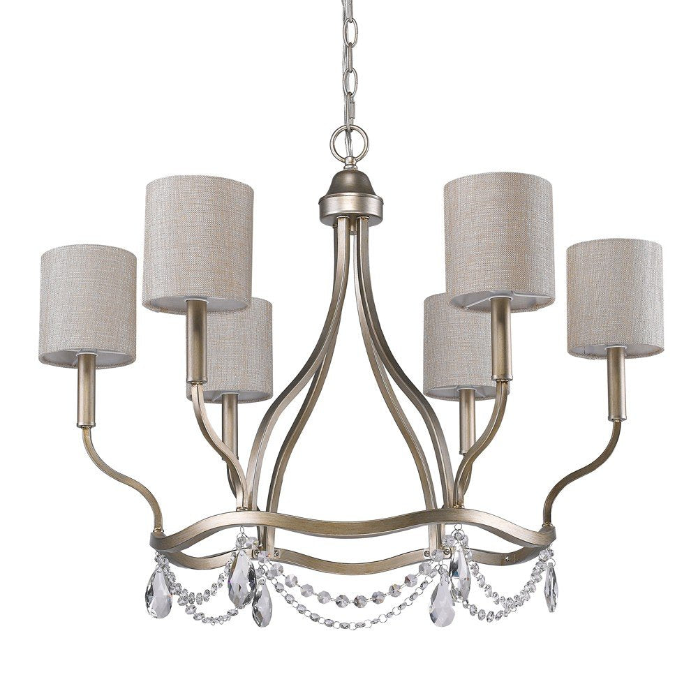 Gold Candle Style Six Light Metal Dimmable Chandelier With White Shades — view 1