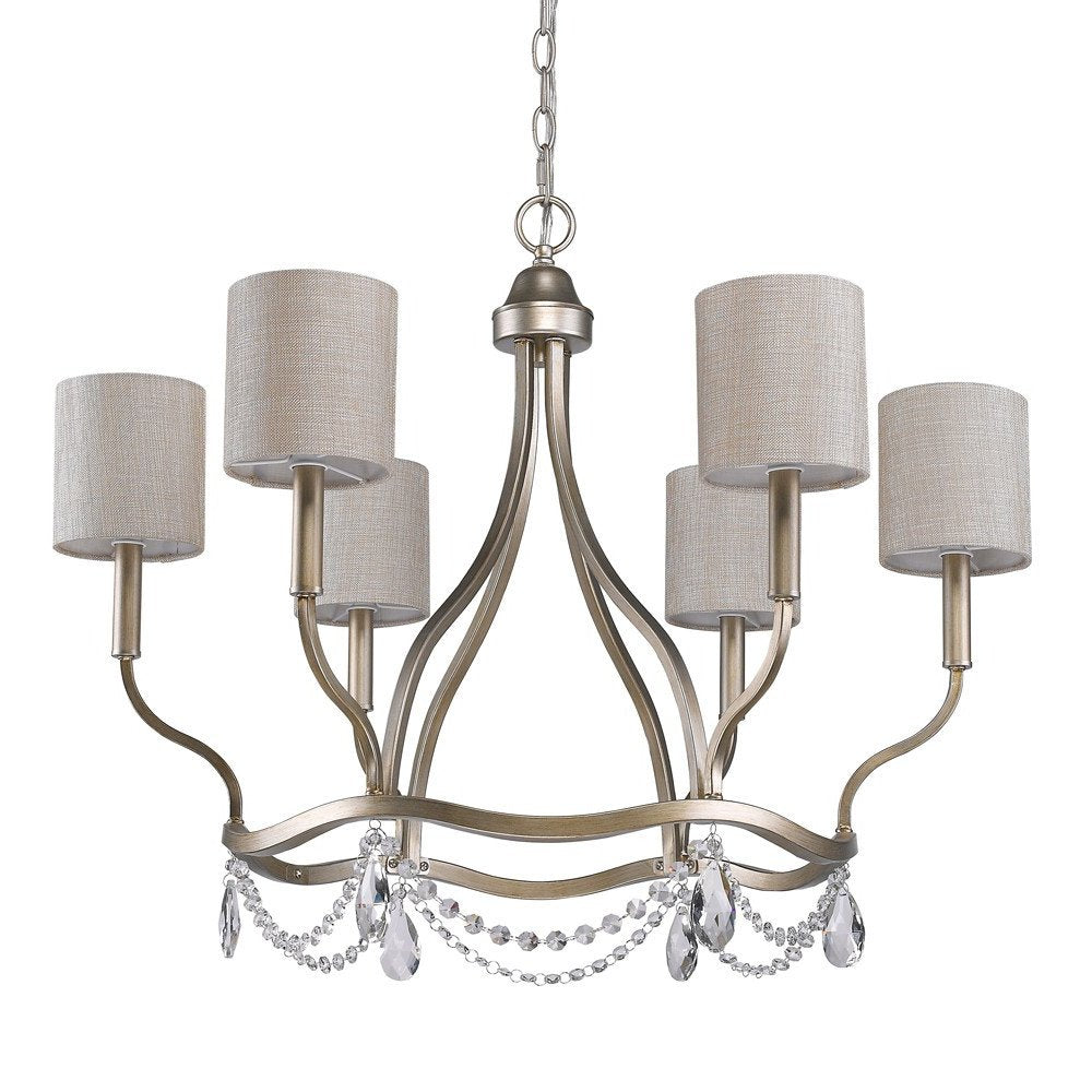 Gold Candle Style Six Light Metal Dimmable Chandelier With White Shades — view 2