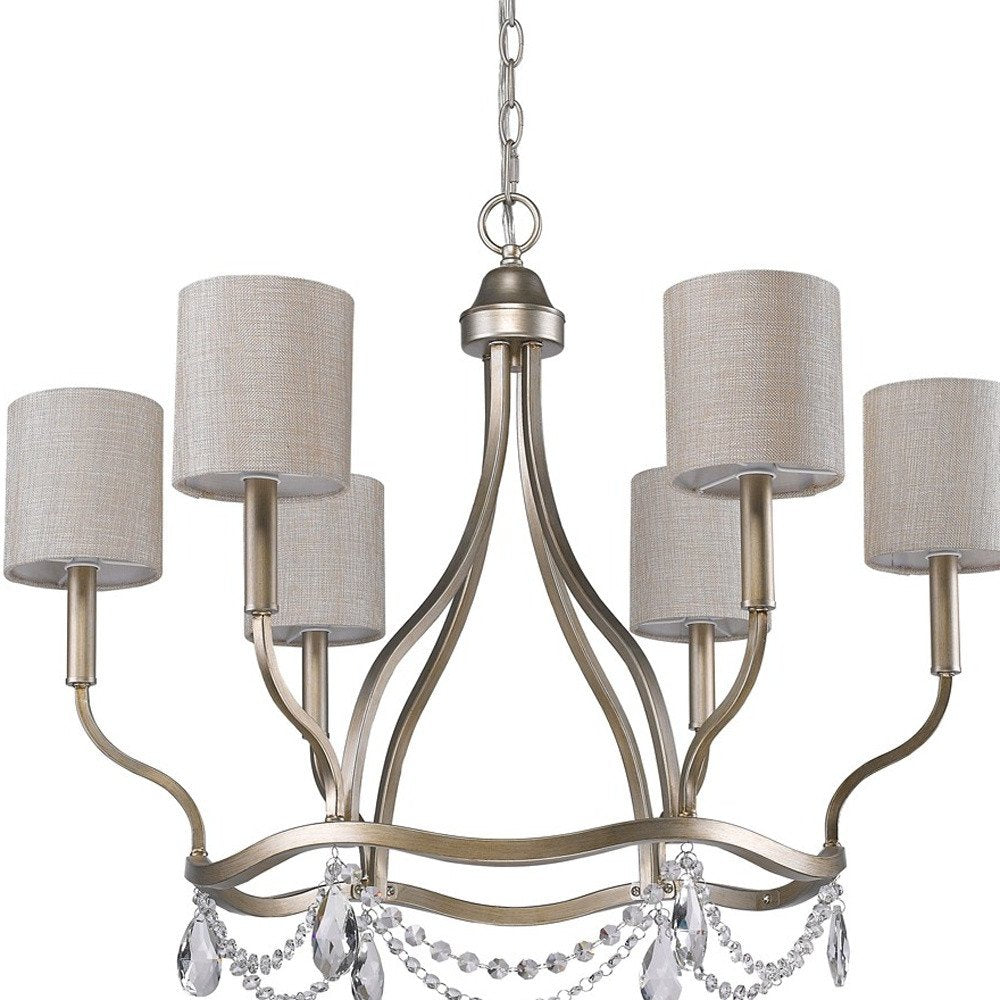Gold Candle Style Six Light Metal Dimmable Chandelier With White Shades — view 3