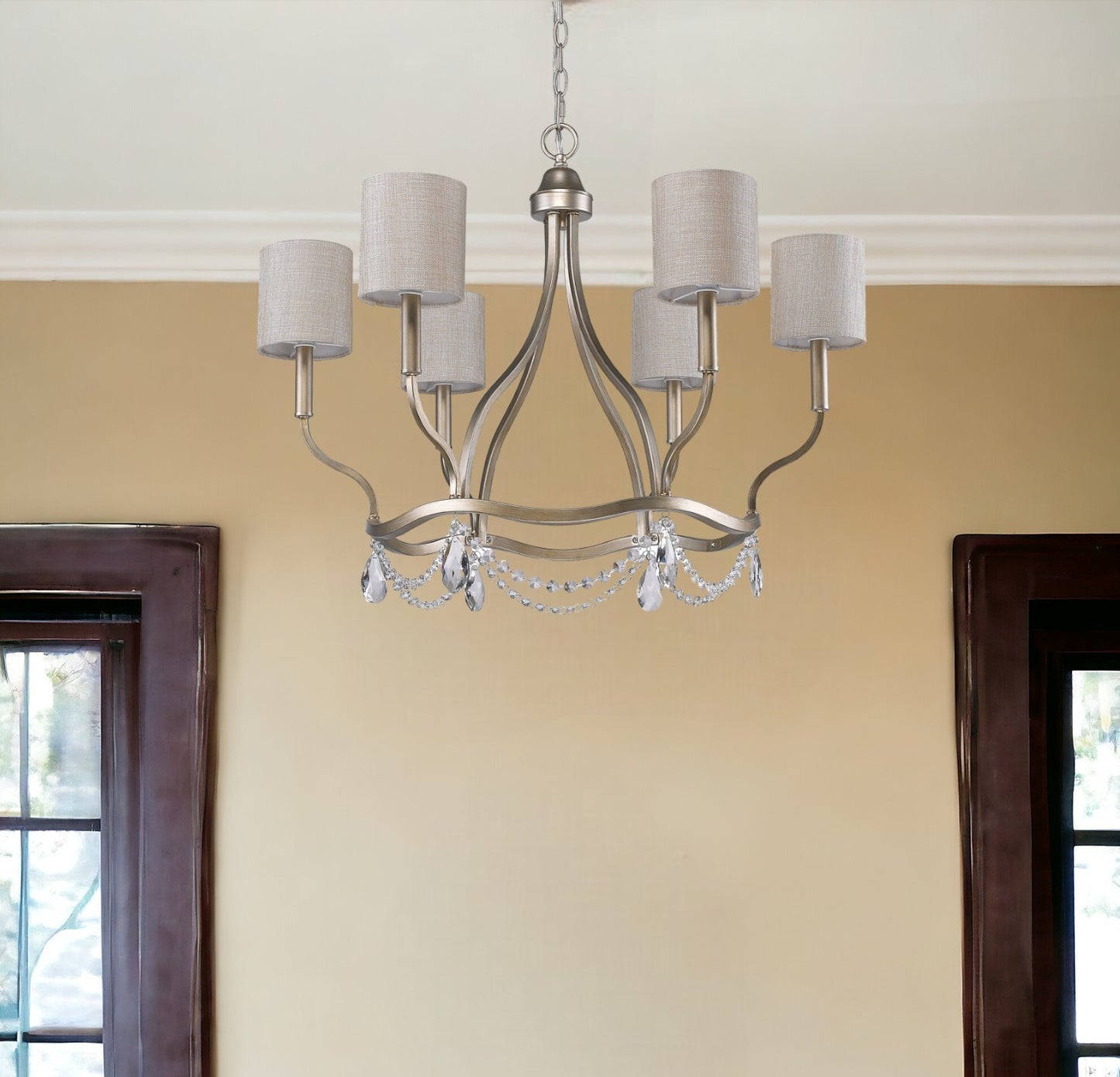 Margaret 6-Light Washed Gold Chandelier With Fabric Shades And Crystal Accents