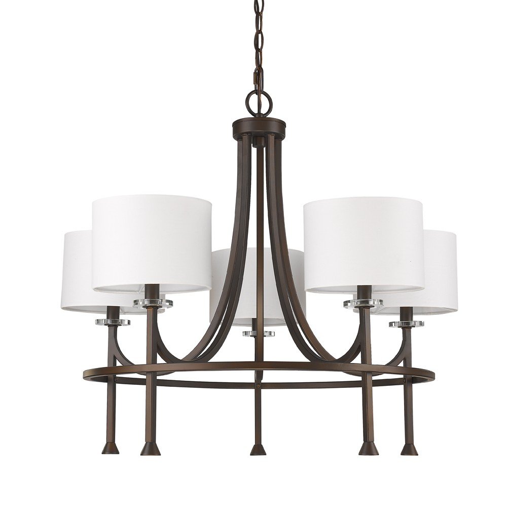 Brown Candle Style Five Light Metal and Crystals Dimmable Chandelier With White Shades — view 1